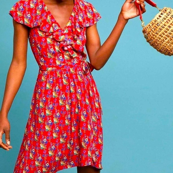 Maeve Dresses & Skirts - $150 Anthropologie Maeve Wrap Dress Red Floral Rosalia Ruffle Sleeveless Sz 0